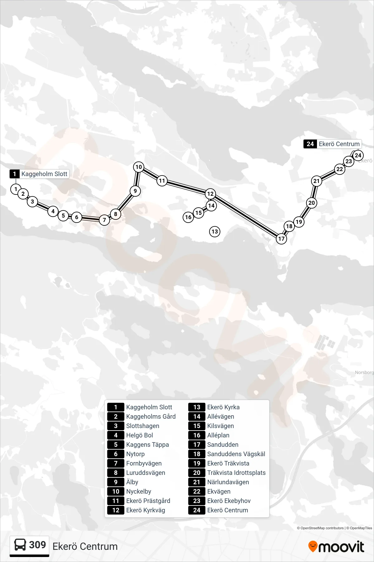 Rutt och hållplatser på karta för linje 309 buss, (Ekerö Centrum)
