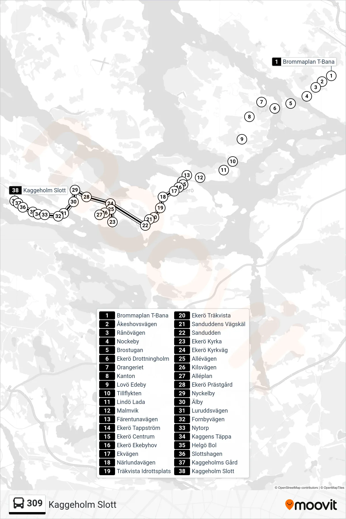 Rutt och hållplatser på karta för linje 309 buss, (Kaggeholm Slott)