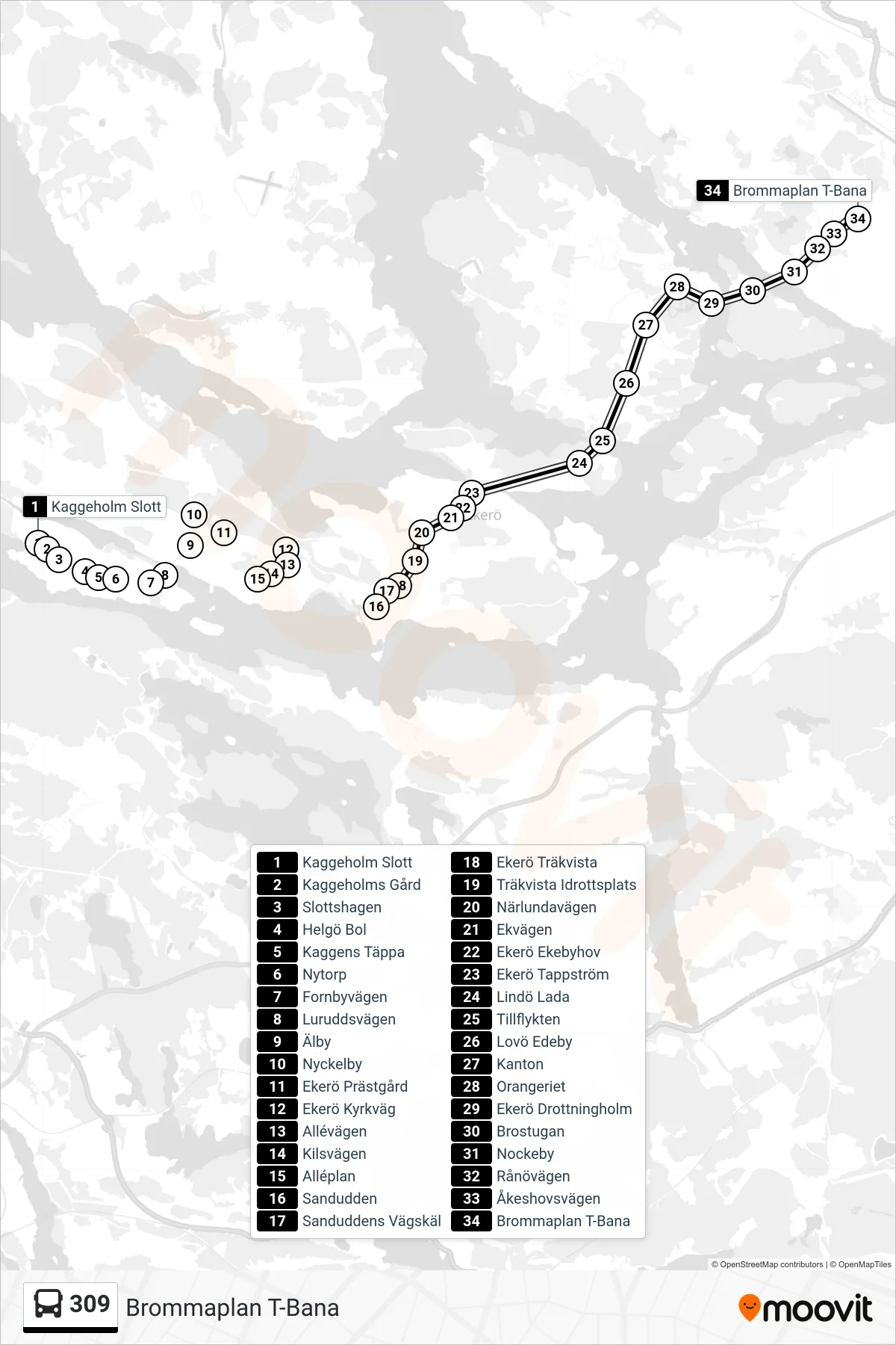 Rutt och hållplatser på karta för linje 309  buss, (Brommaplan T-Bana)
