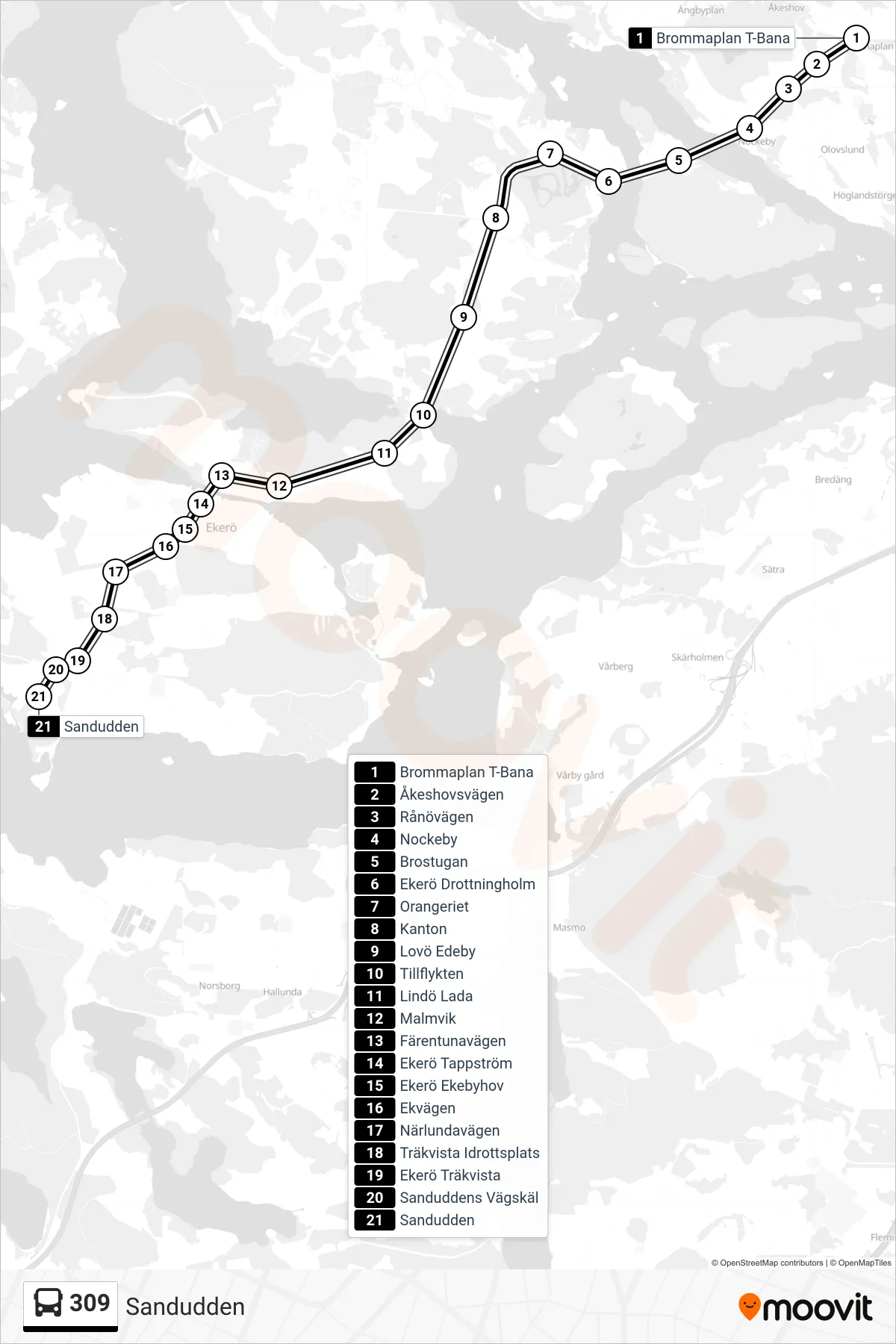 Rutt och hållplatser på karta för linje 309 buss, (Sandudden)