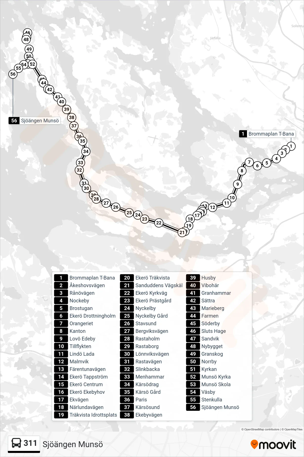 Rutt och hållplatser på karta för linje 311 buss, (Sjöängen Munsö)