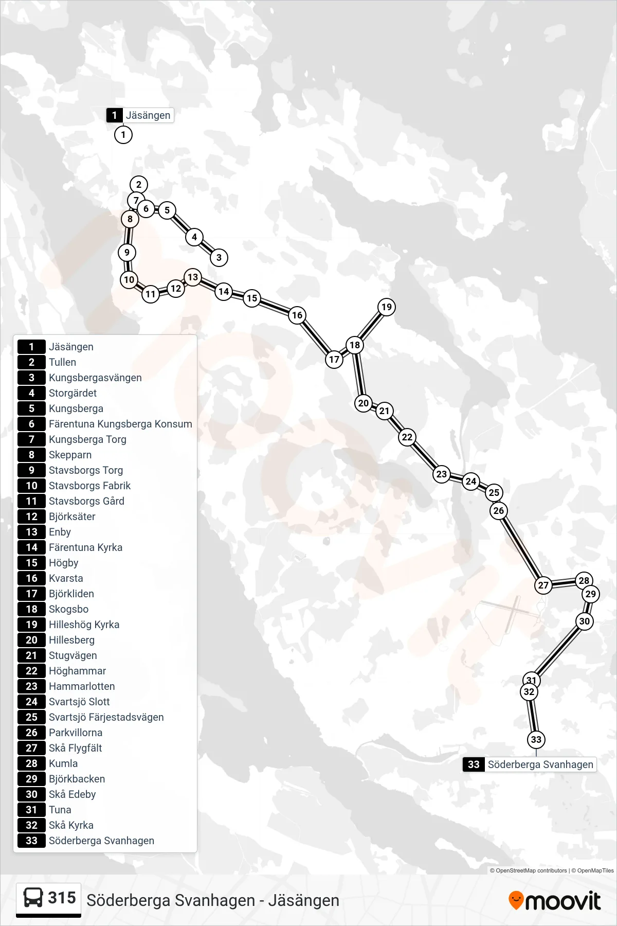 Rutt och hållplatser på karta för linje 315  buss, (Söderberga Svanhagen)