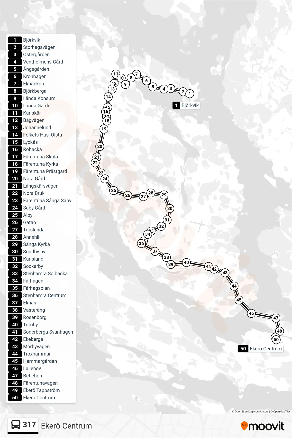 Rutt och hållplatser på karta för linje 317 buss, (Ekerö Centrum)
