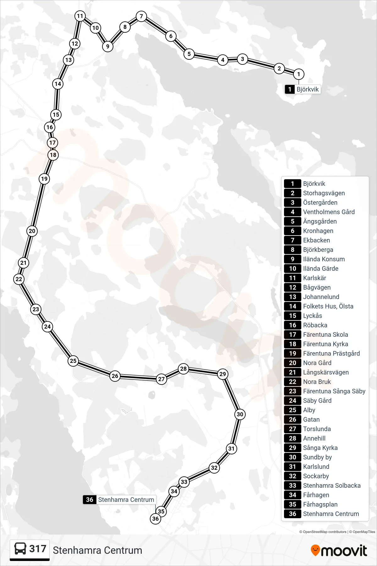 Rutt och hållplatser på karta för linje 317  buss, (Stenhamra Centrum)