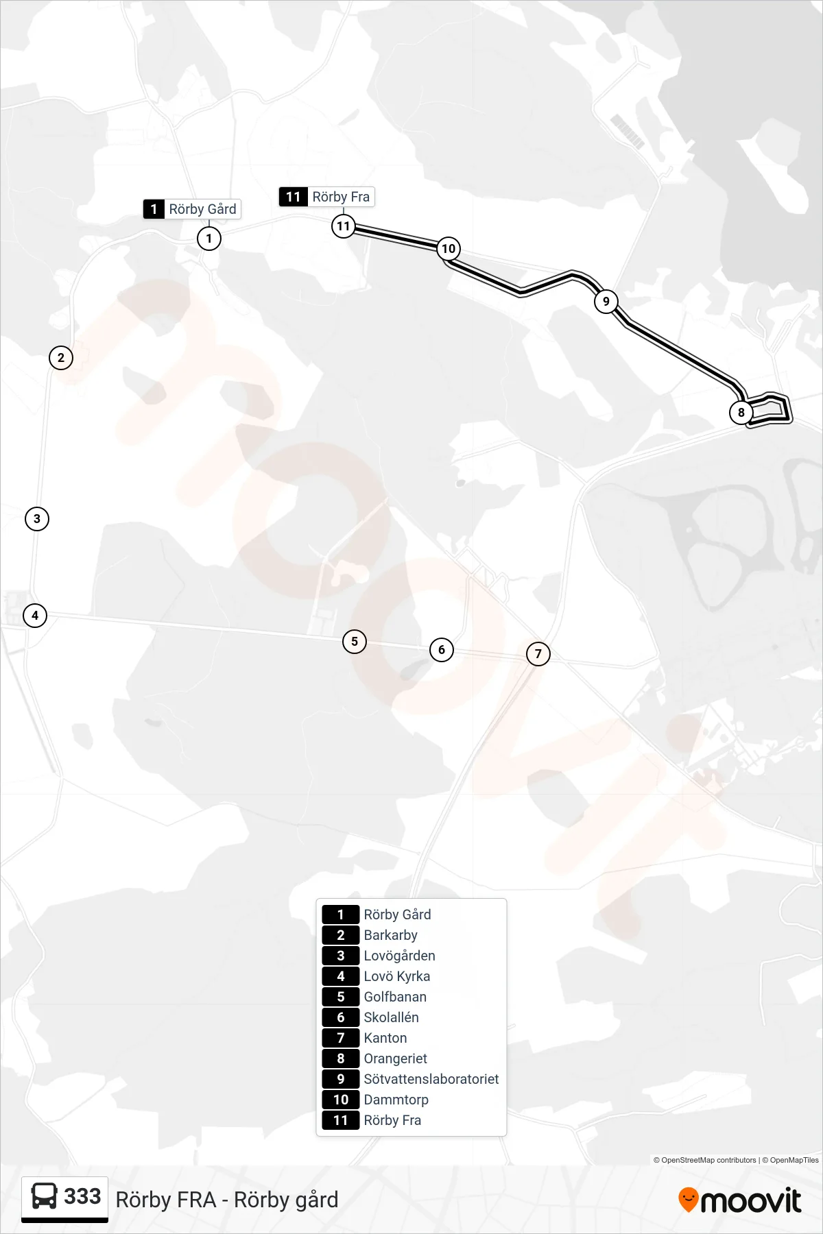 Rutt och hållplatser på karta för linje 333  buss, (Rörby Fra)