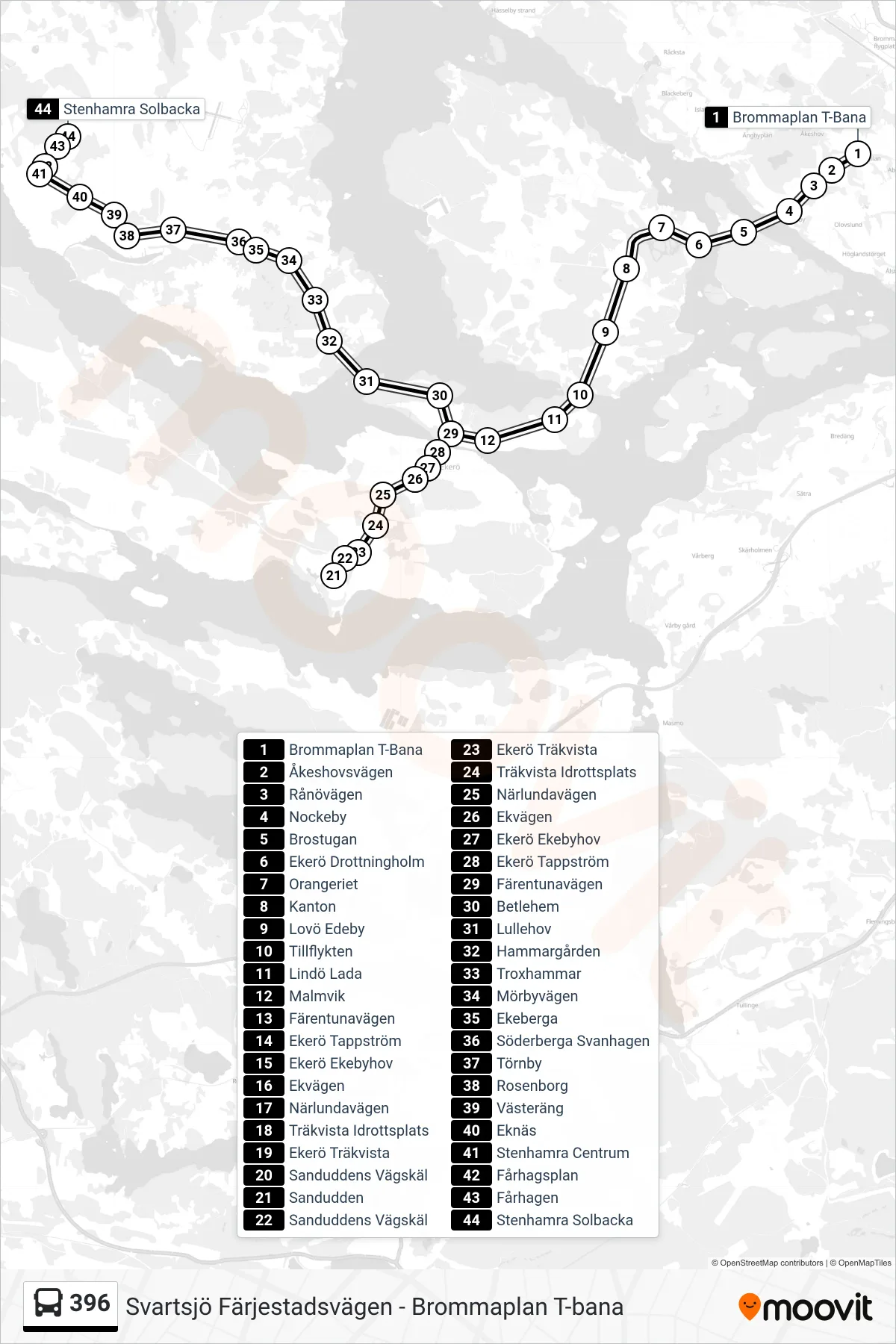 Rutt och hållplatser på karta för linje 396 buss, (Stenhamra Solbacka)
