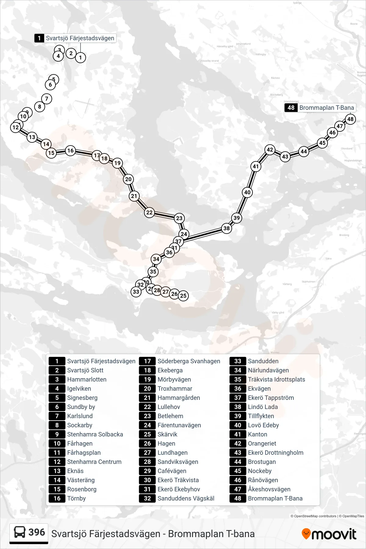 Rutt och hållplatser på karta för linje 396  buss, (Brommaplan T-Bana)