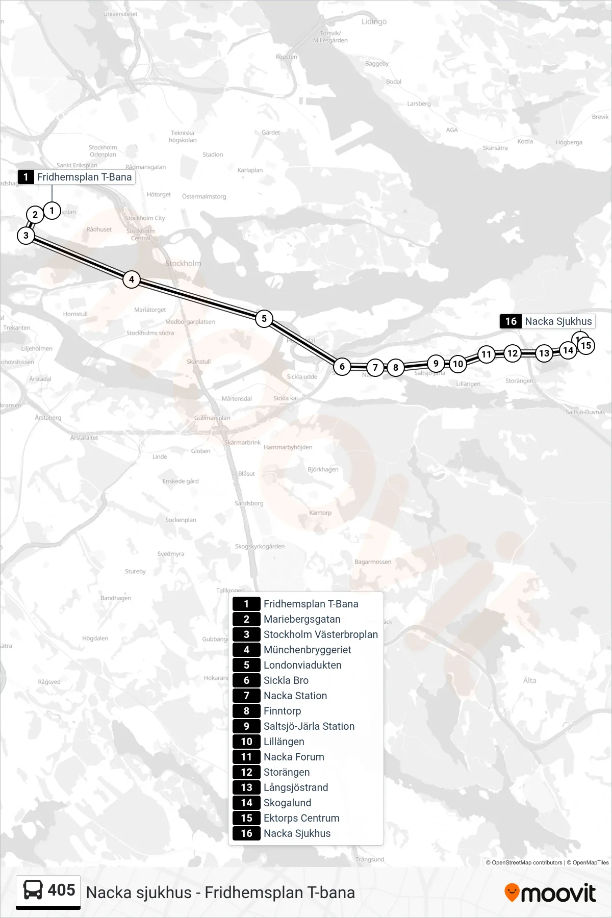 Rutt och hållplatser på karta för linje 405  buss, (Nacka Sjukhus)