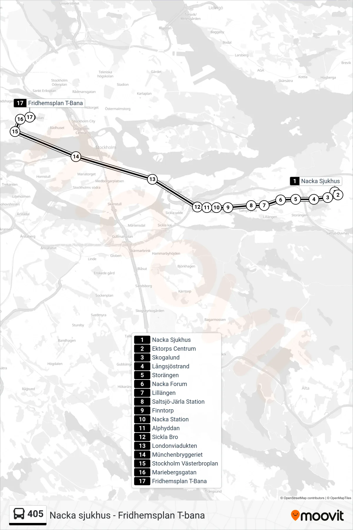 Rutt och hållplatser på karta för linje 405 buss, (Fridhemsplan T-Bana)