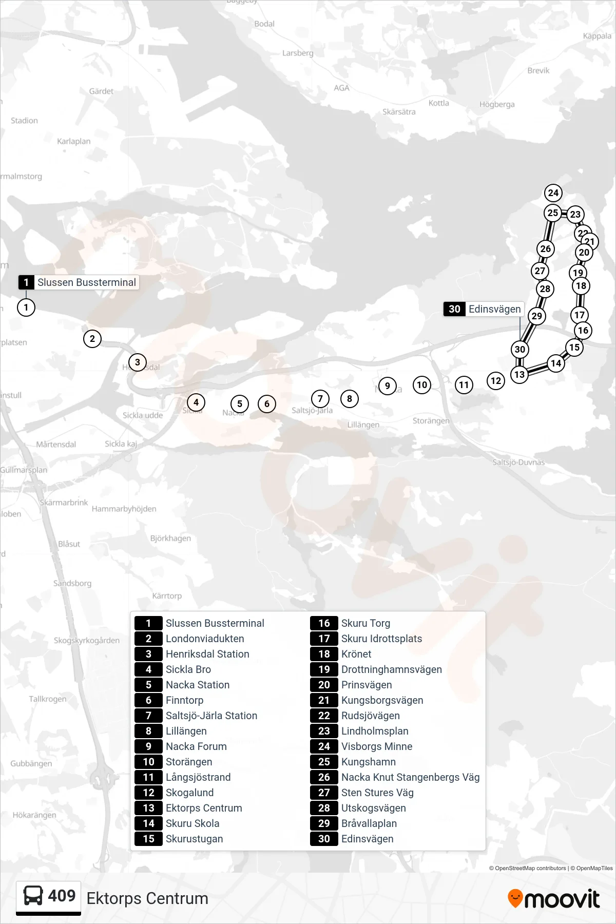 Rutt och hållplatser på karta för linje 409  buss, (Ektorps Centrum)