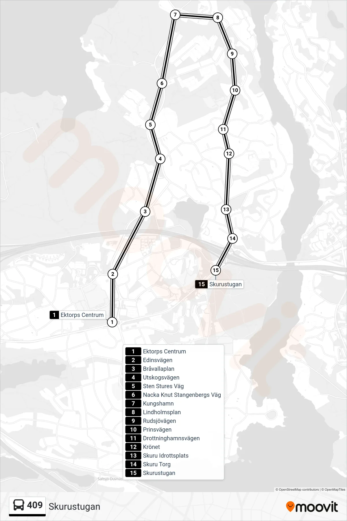 Rutt och hållplatser på karta för linje 409 buss, (Skurustugan)