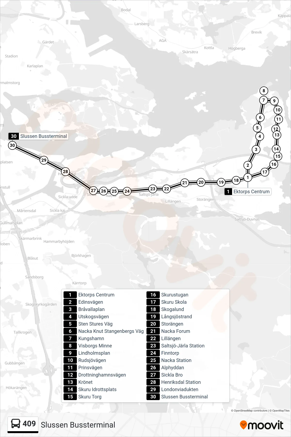 Rutt och hållplatser på karta för linje 409  buss, (Slussen Bussterminal)