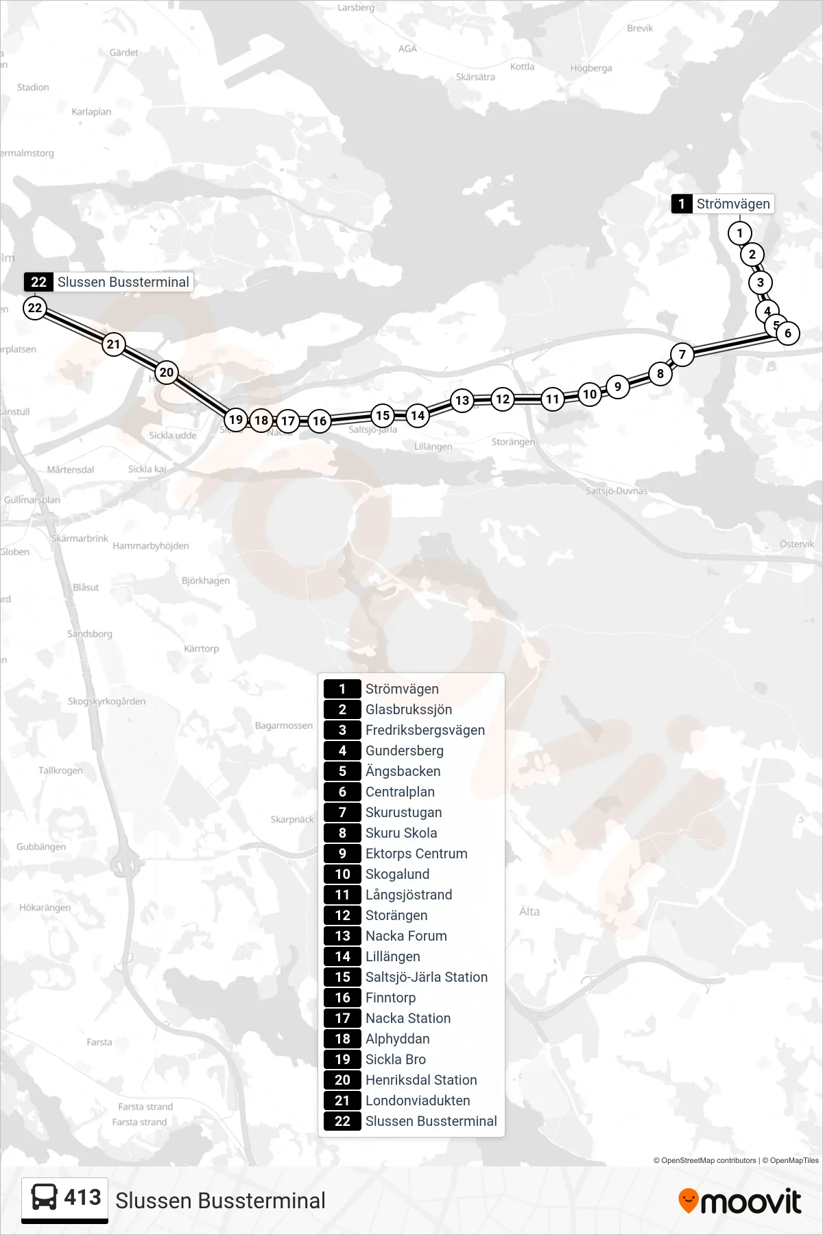 Rutt och hållplatser på karta för linje 413  buss, (Slussen Bussterminal)