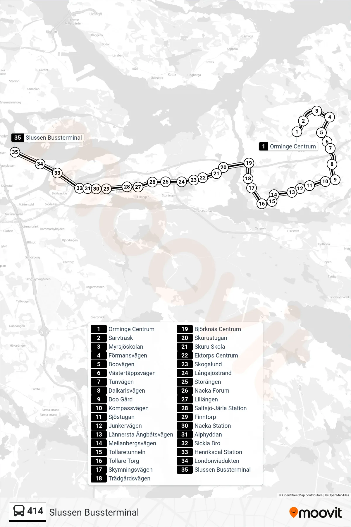 Rutt och hållplatser på karta för linje 414  buss, (Slussen Bussterminal)