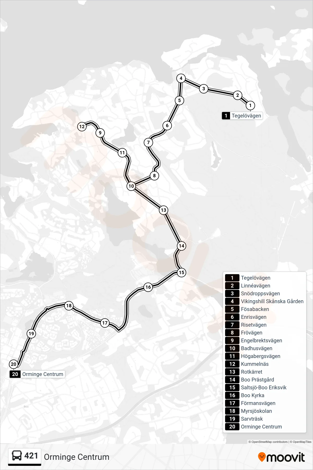 Rutt och hållplatser på karta för linje 421 buss, (Orminge Centrum)
