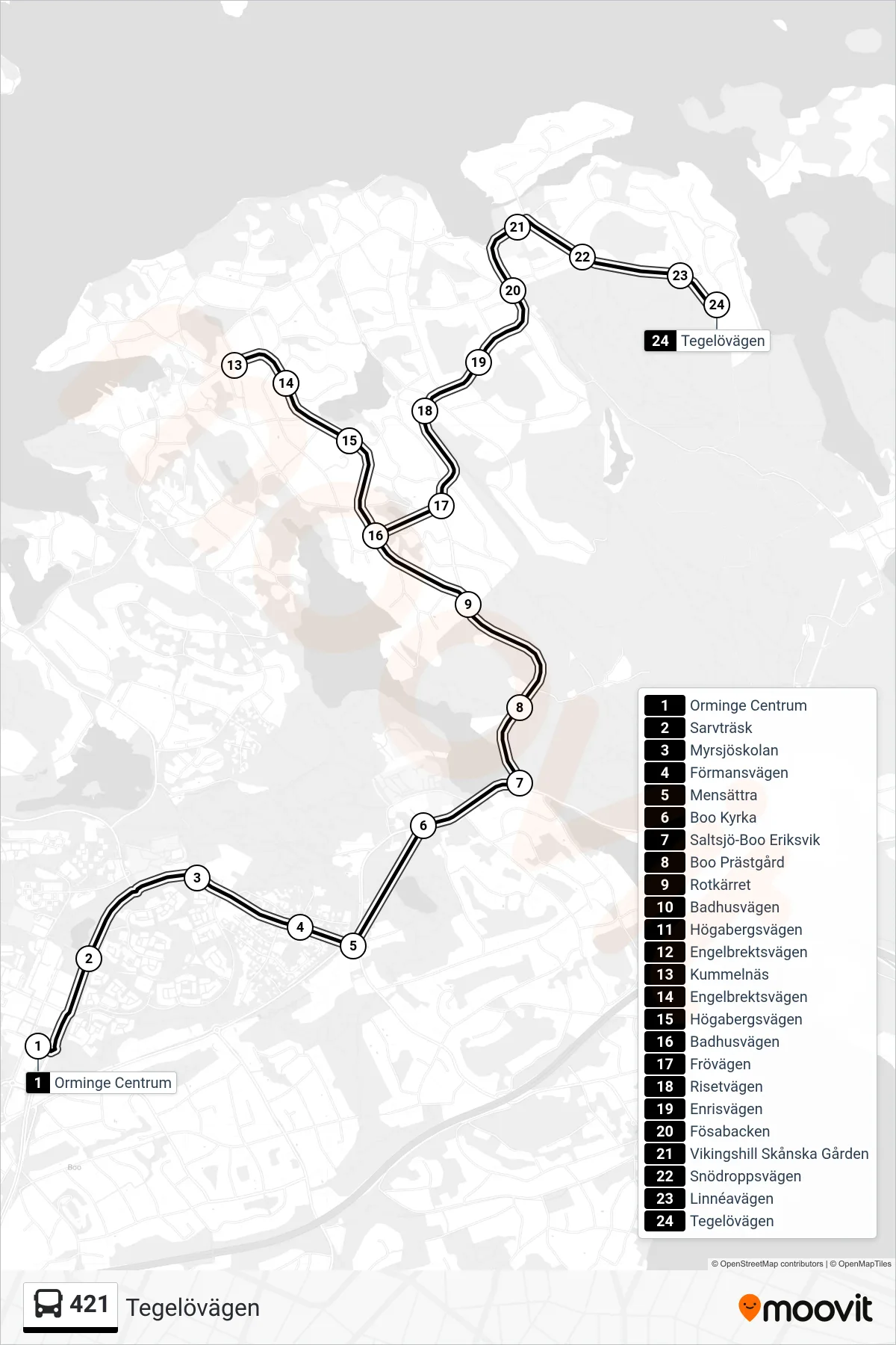 Rutt och hållplatser på karta för linje 421 buss, (Tegelövägen)