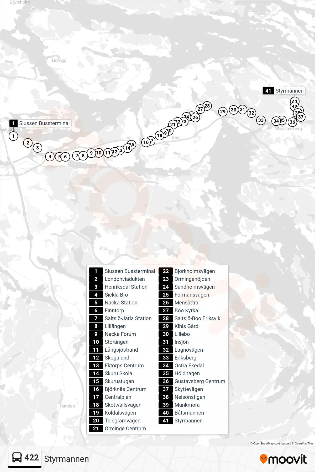 Rutt och hållplatser på karta för linje 422  buss, (Styrmannen)