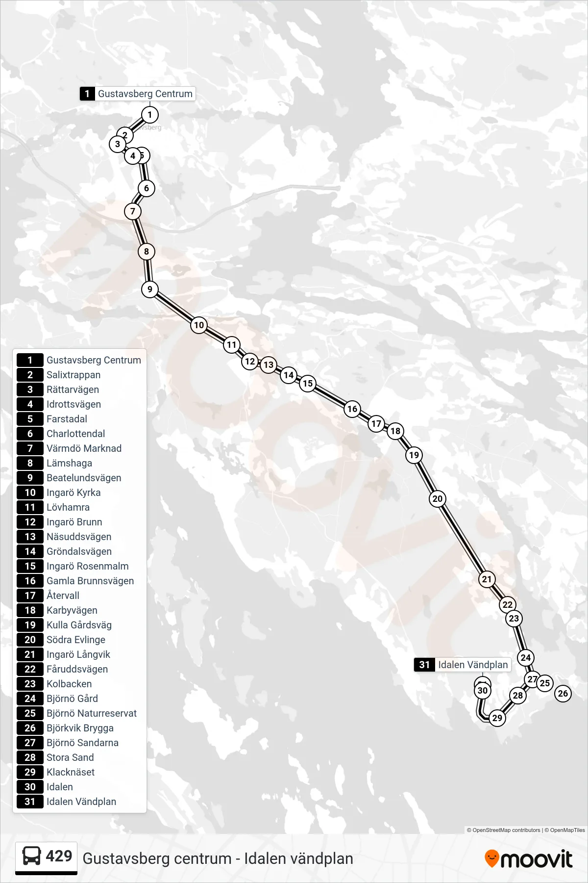 Rutt och hållplatser på karta för linje 429 buss, (Idalen Vändplan)