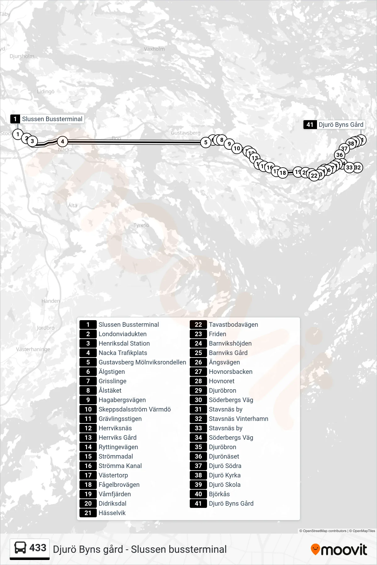 Rutt och hållplatser på karta för linje 433 buss, (Djurö Byns Gård)