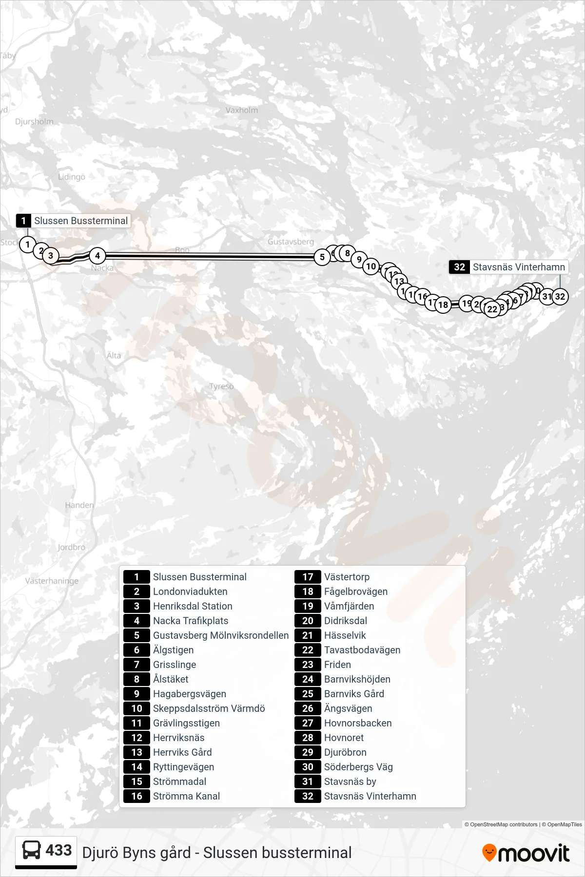 Rutt och hållplatser på karta för linje 433 buss, (Stavsnäs Vinterhamn)