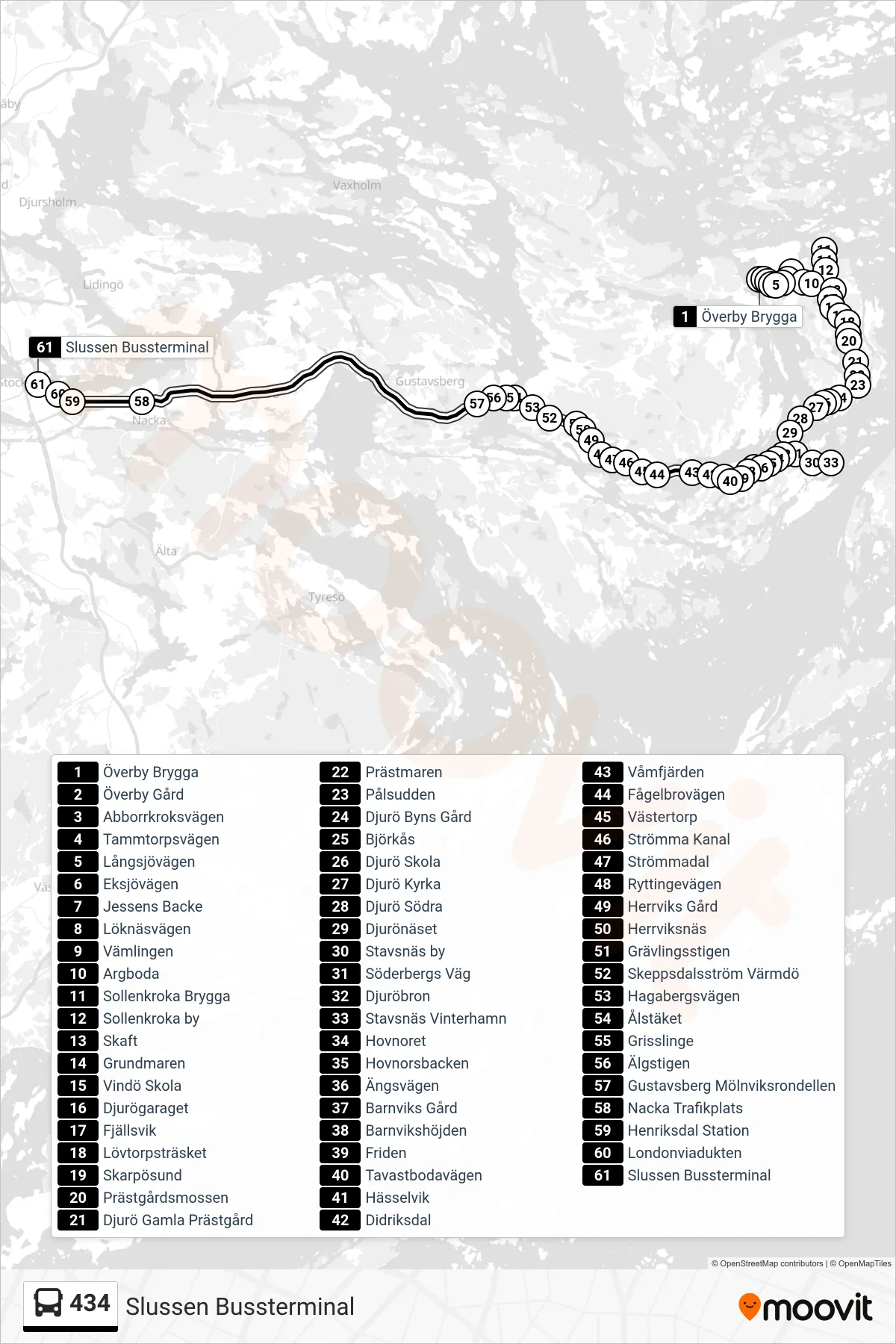 Rutt och hållplatser på karta för linje 434 buss, (Slussen Bussterminal)