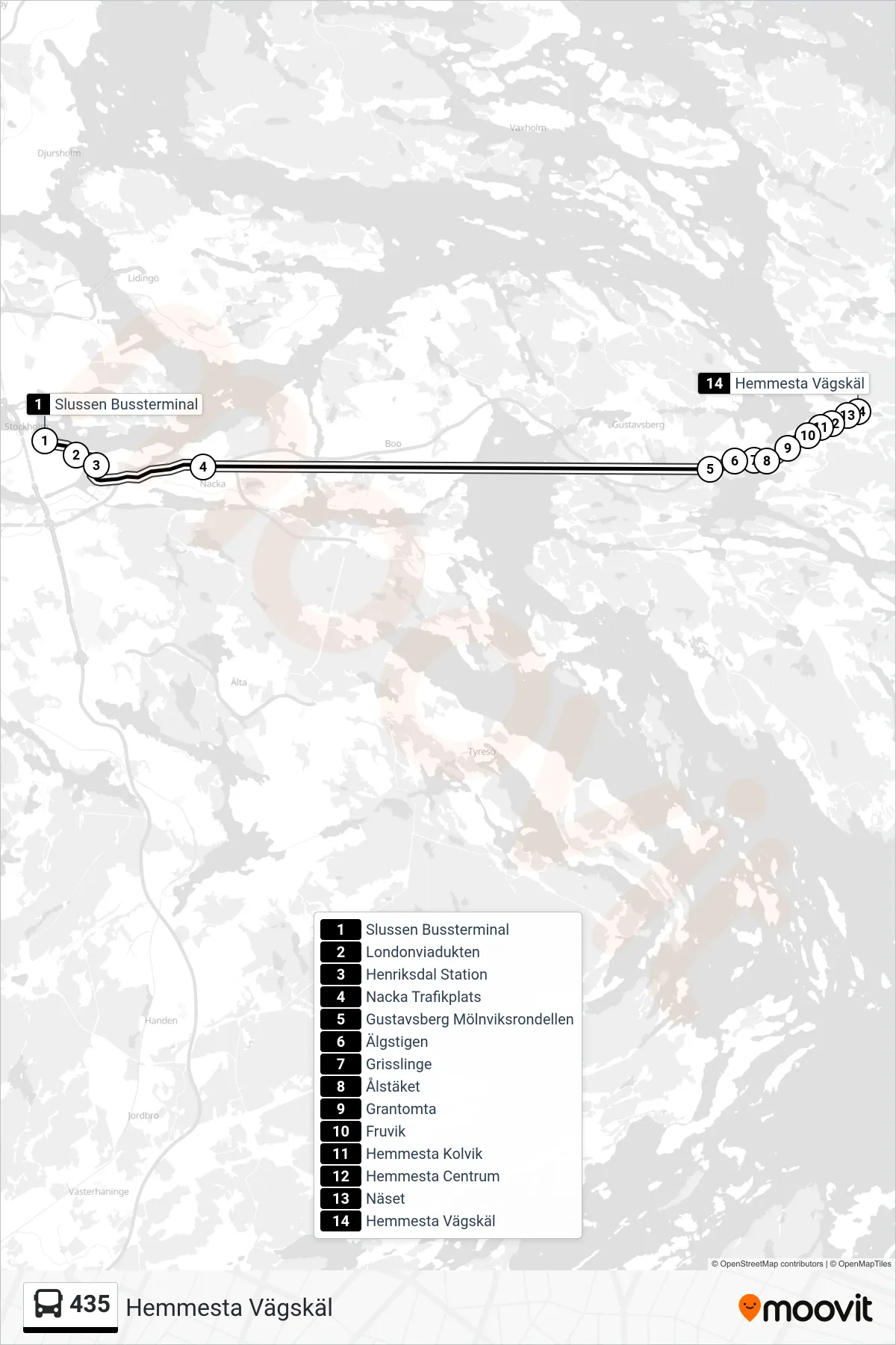Rutt och hållplatser på karta för linje 435  buss, (Hemmesta Vägskäl)