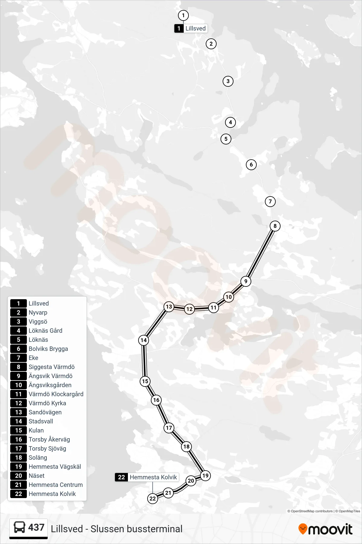 Rutt och hållplatser på karta för linje 437  buss, (Hemmesta Kolvik)