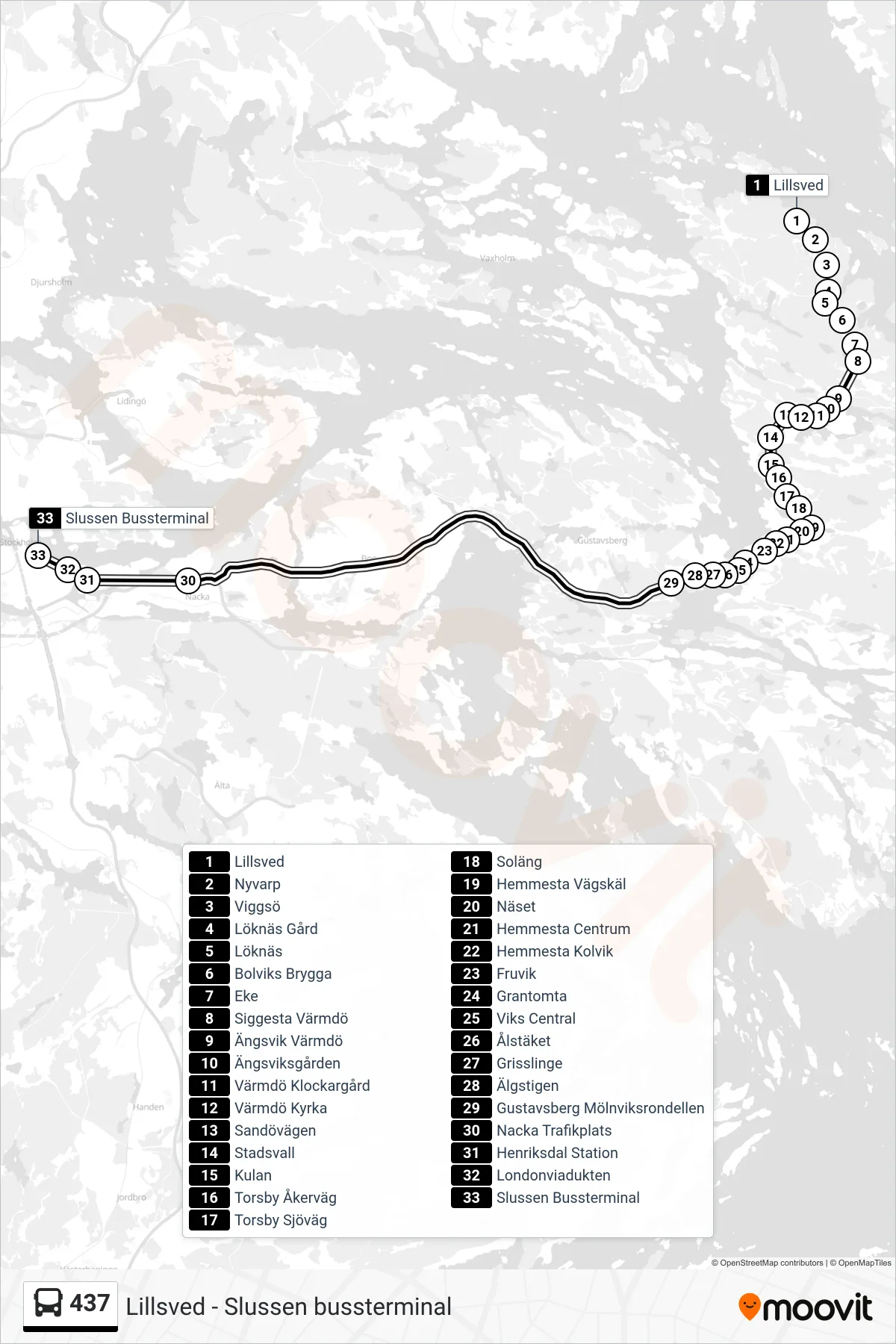 Rutt och hållplatser på karta för linje 437 buss, (Slussen Bussterminal)
