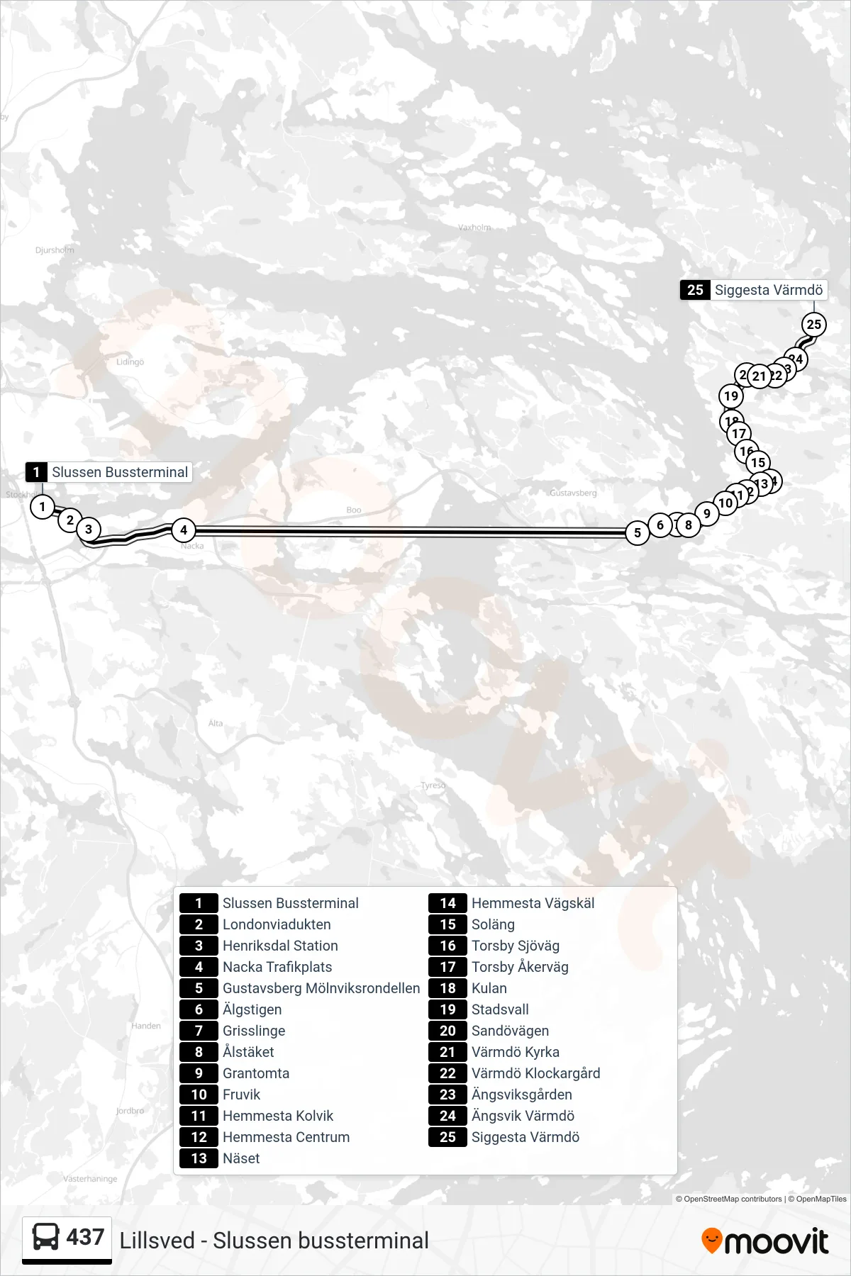 Rutt och hållplatser på karta för linje 437  buss, (Siggesta Värmdö)