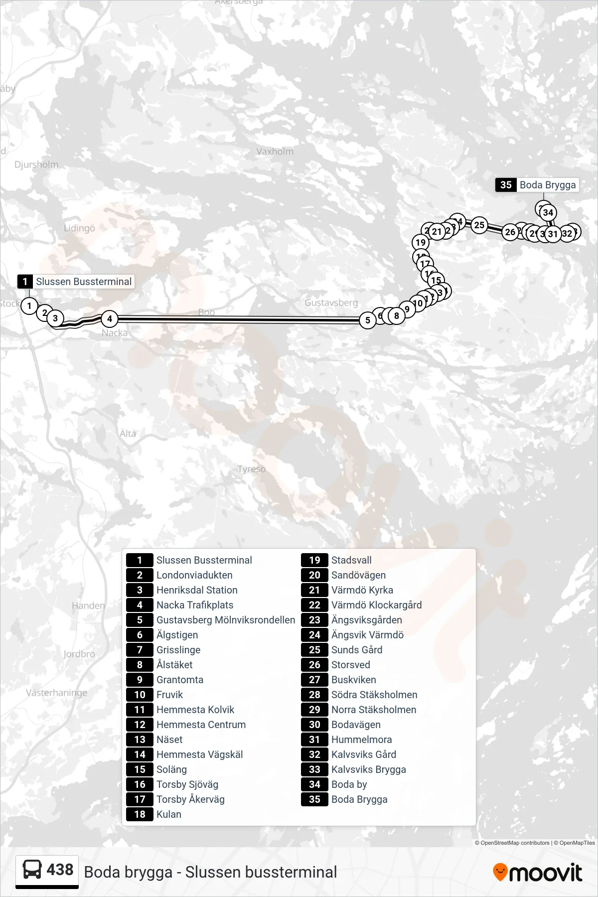 Rutt och hållplatser på karta för linje 438 buss, (Boda Brygga)