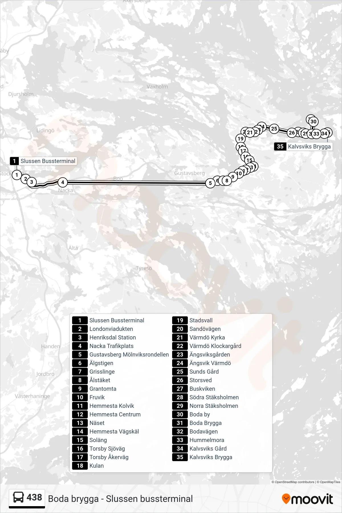 Rutt och hållplatser på karta för linje 438 buss, (Kalvsviks Brygga)