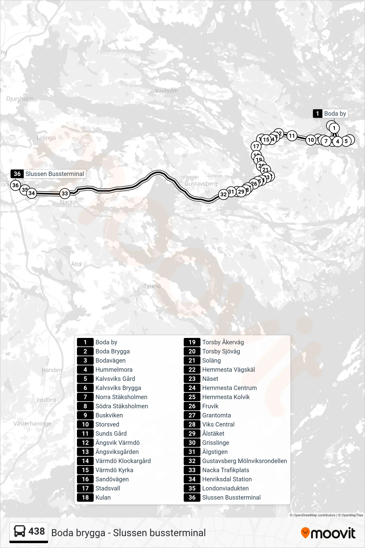 Rutt och hållplatser på karta för linje 438  buss, (Slussen Bussterminal)