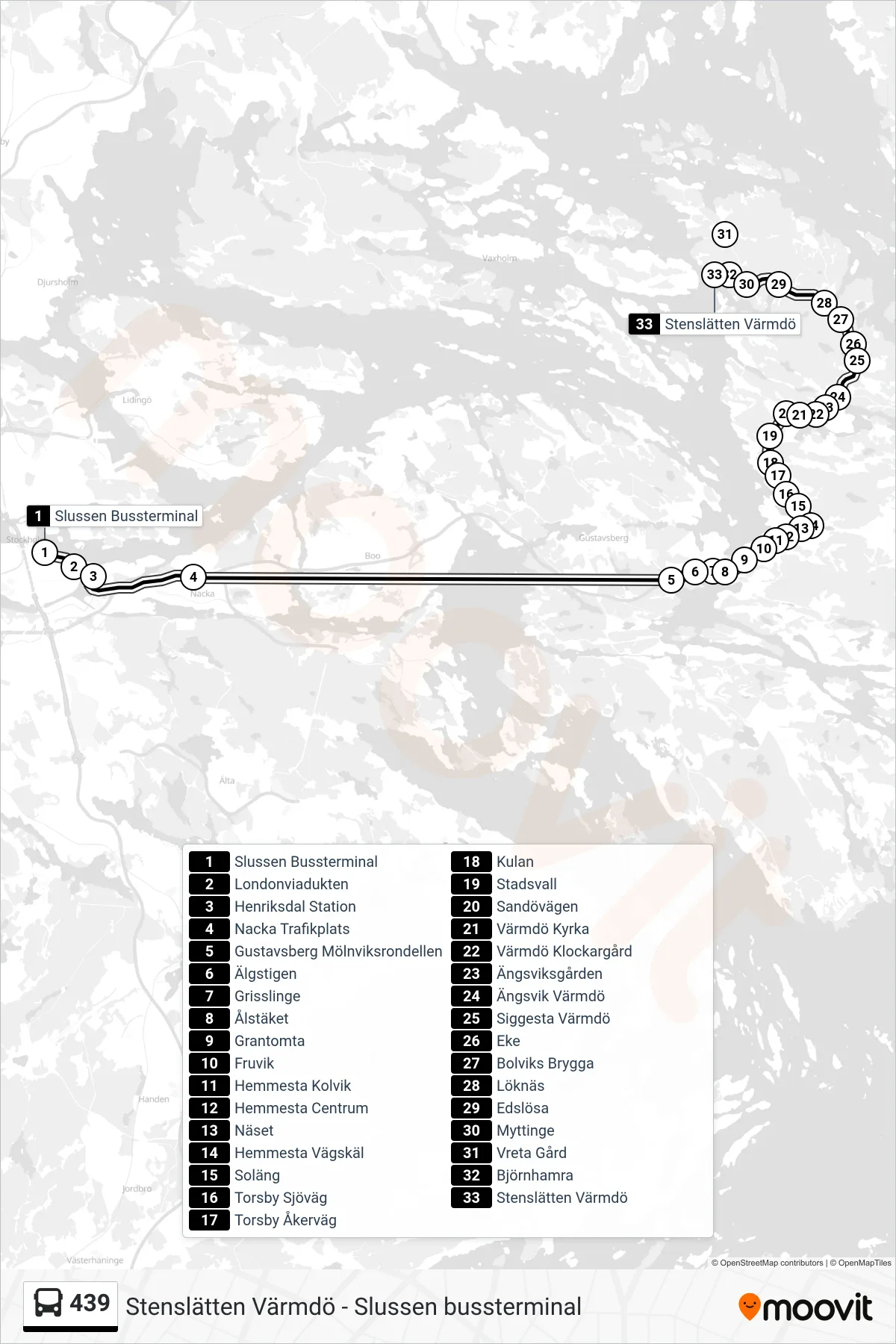 Rutt och hållplatser på karta för linje 439  buss, (Stenslätten Värmdö)