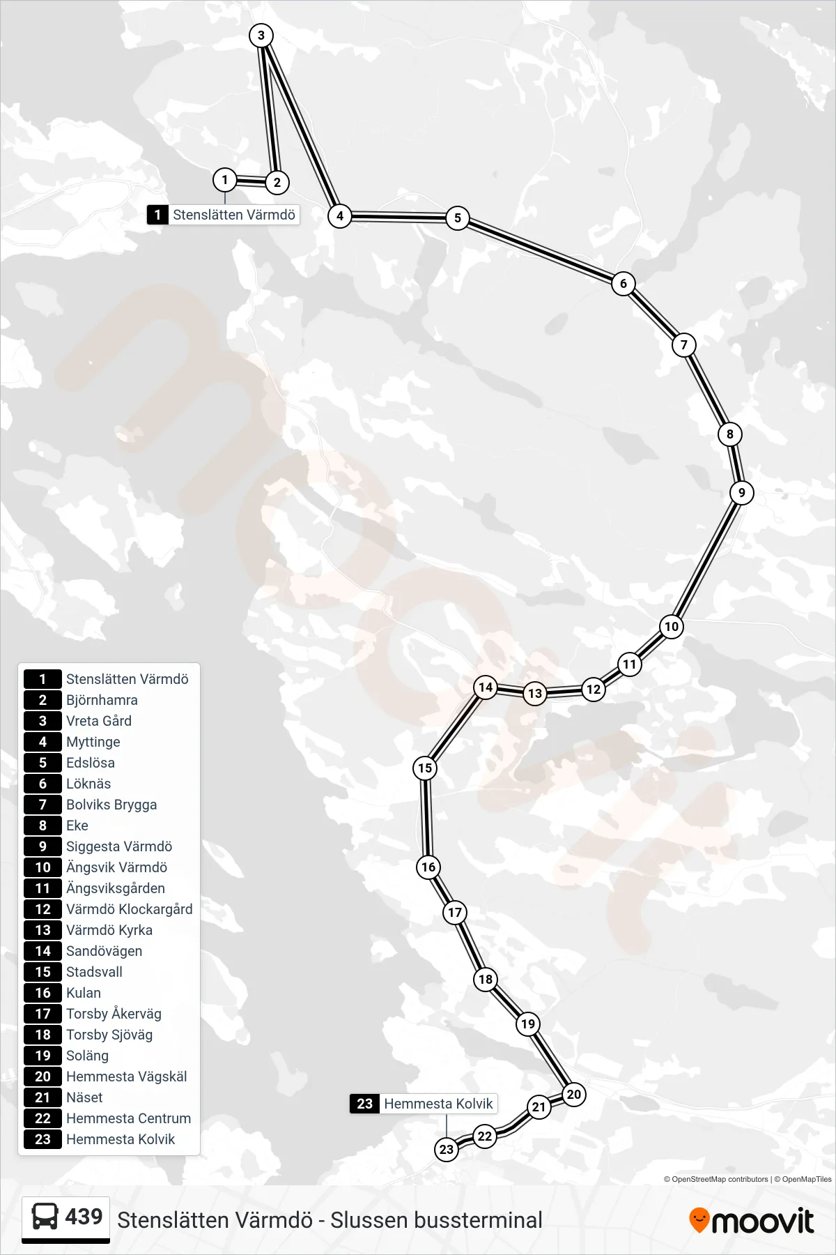 Rutt och hållplatser på karta för linje 439 buss, (Hemmesta Kolvik)