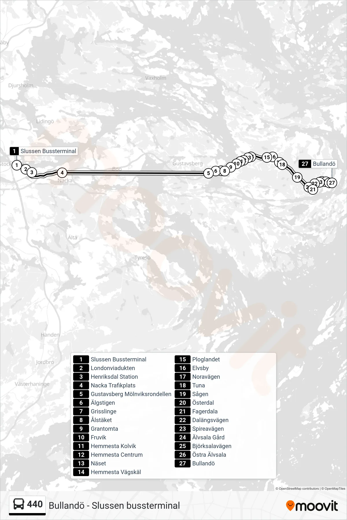 Rutt och hållplatser på karta för linje 440  buss, (Bullandö)