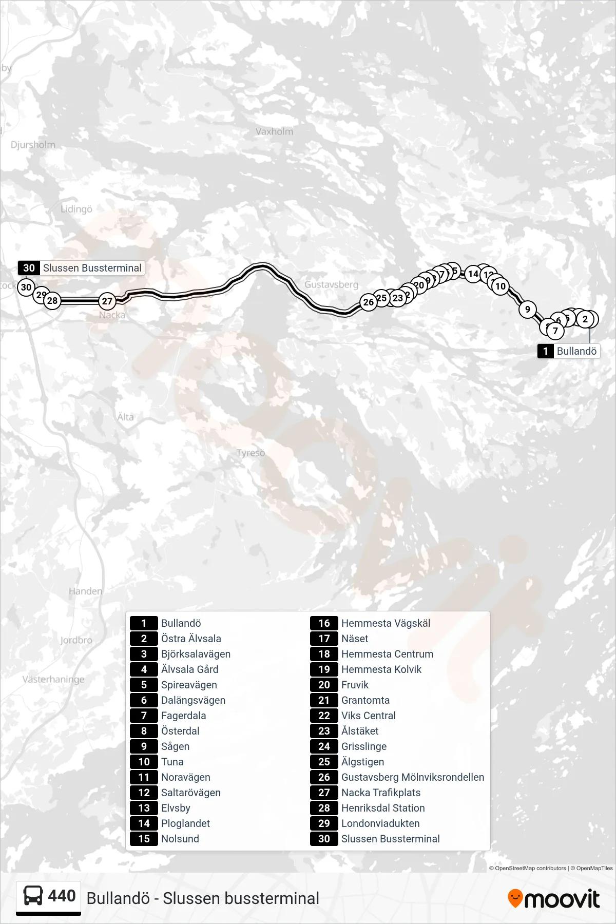 Rutt och hållplatser på karta för linje 440 buss, (Slussen Bussterminal)