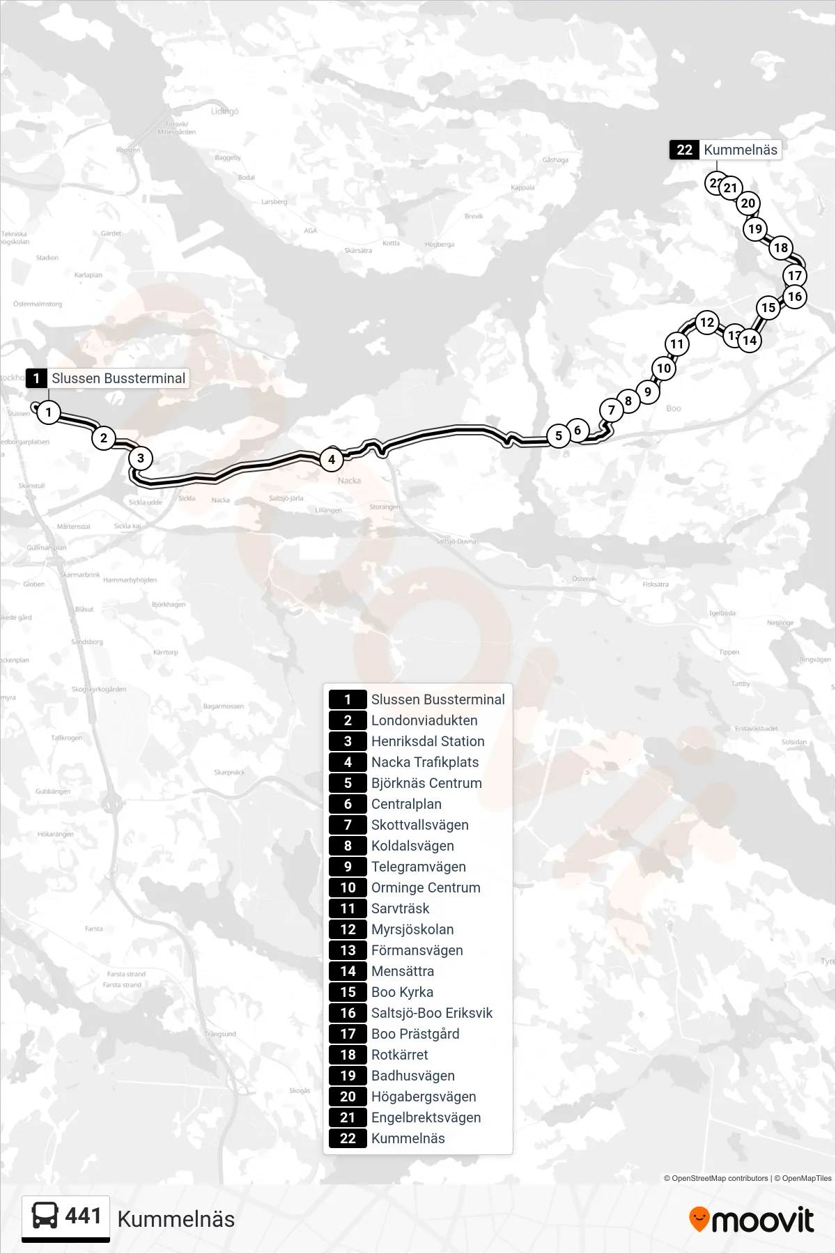 Rutt och hållplatser på karta för linje 441  buss, (Kummelnäs)