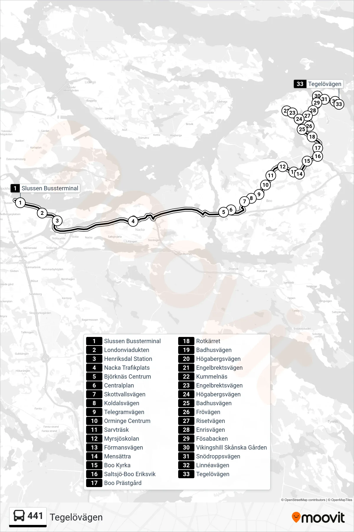 Rutt och hållplatser på karta för linje 441 buss, (Tegelövägen)