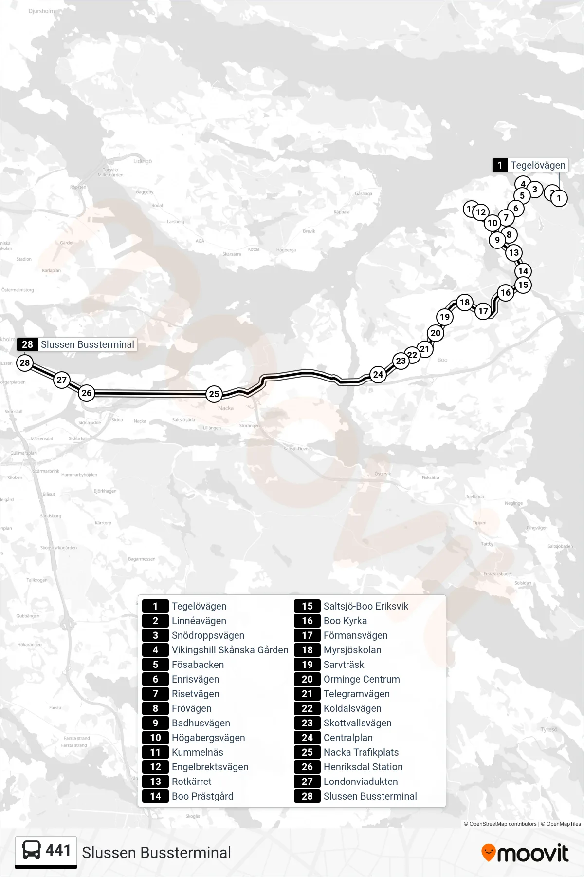 Rutt och hållplatser på karta för linje 441 buss, (Slussen Bussterminal)
