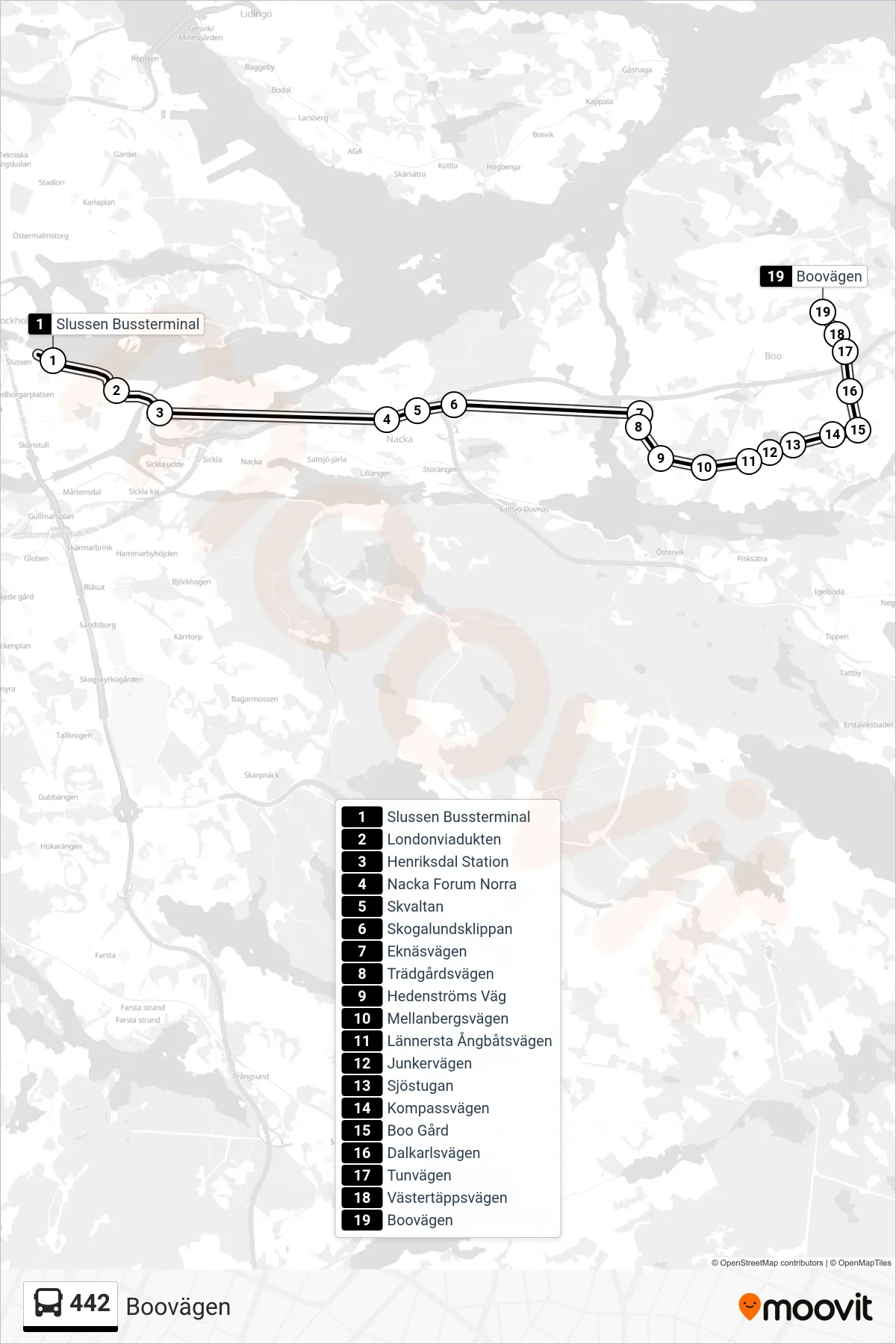 Rutt och hållplatser på karta för linje 442 buss, (Boovägen)