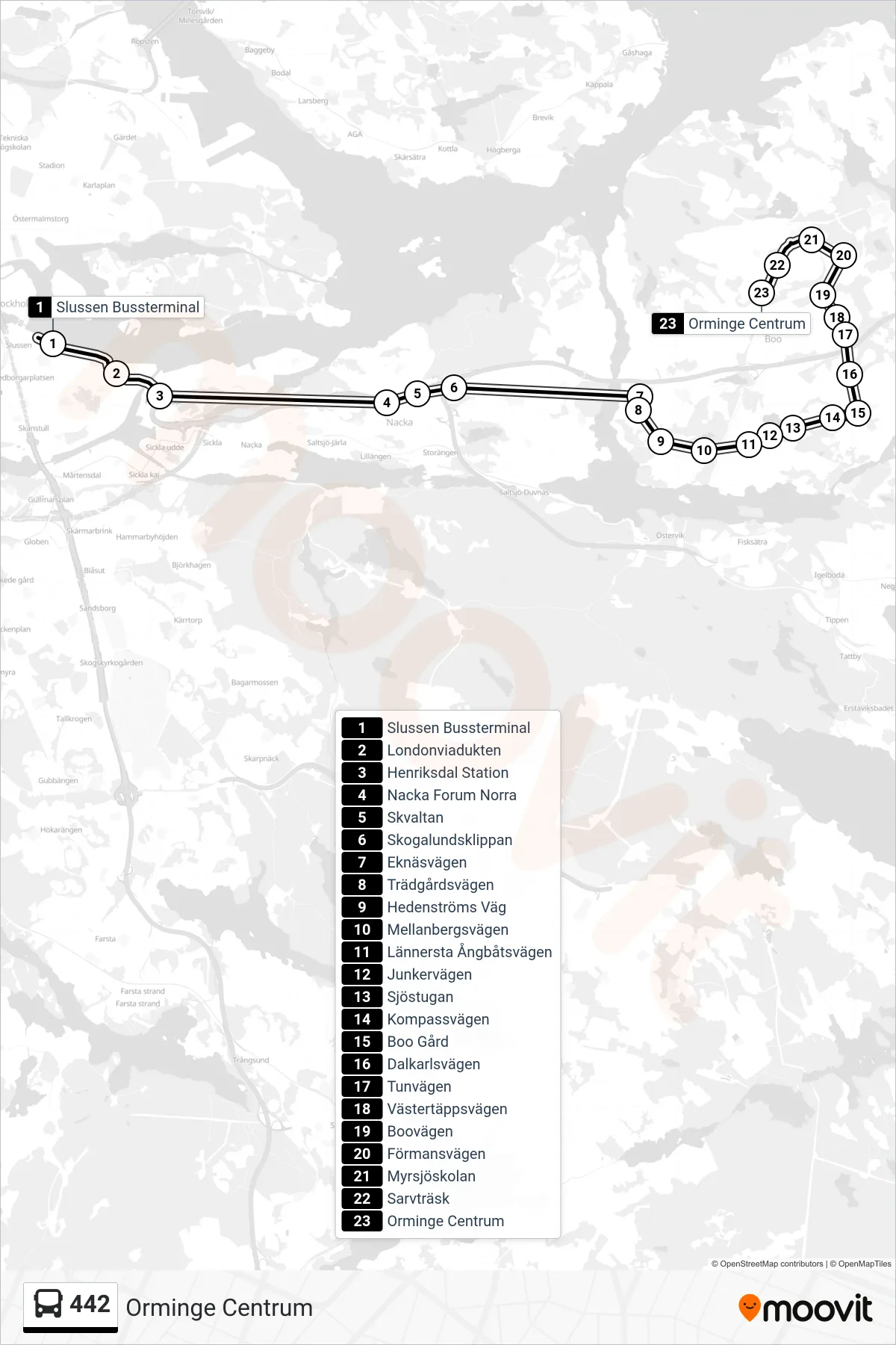 Rutt och hållplatser på karta för linje 442 buss, (Orminge Centrum)
