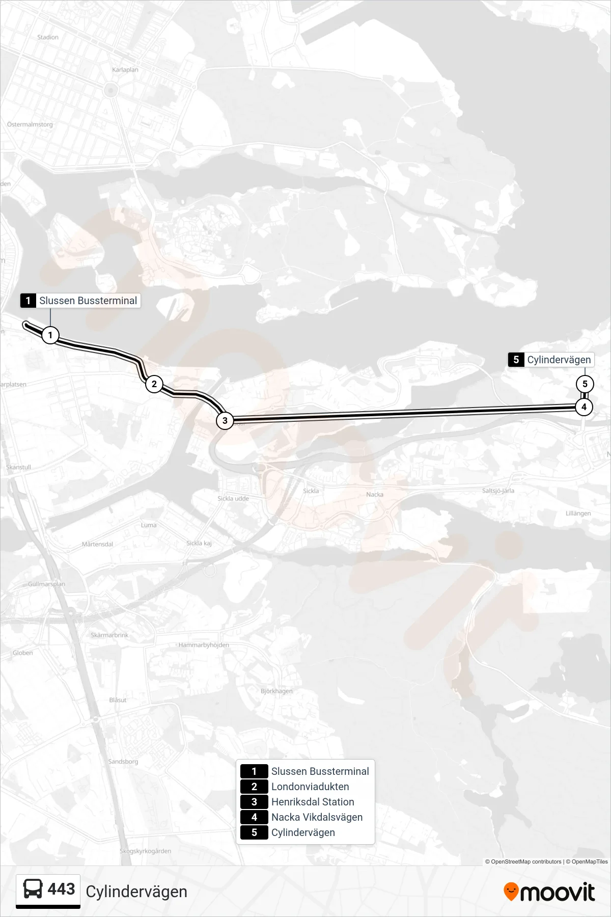 Rutt och hållplatser på karta för linje 443 buss, (Cylindervägen)