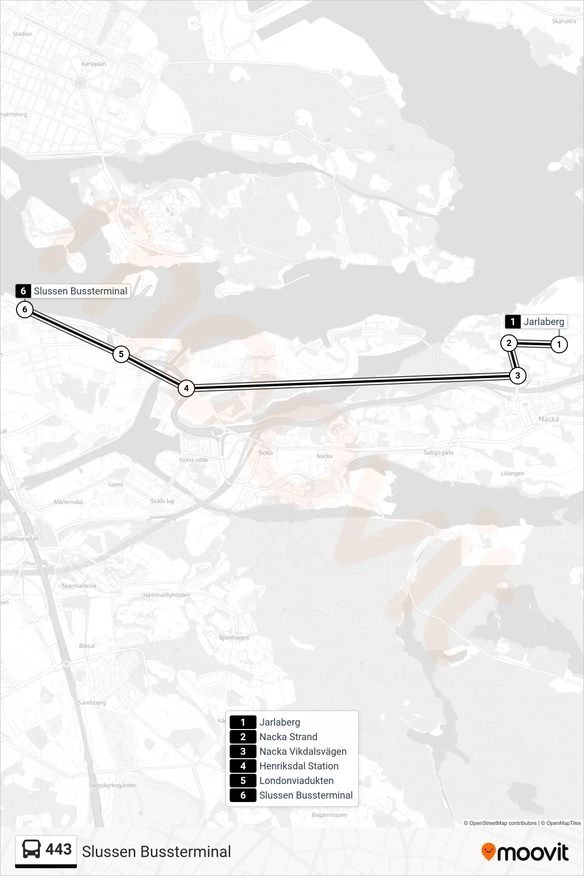 Rutt och hållplatser på karta för linje 443 buss, (Slussen Bussterminal)
