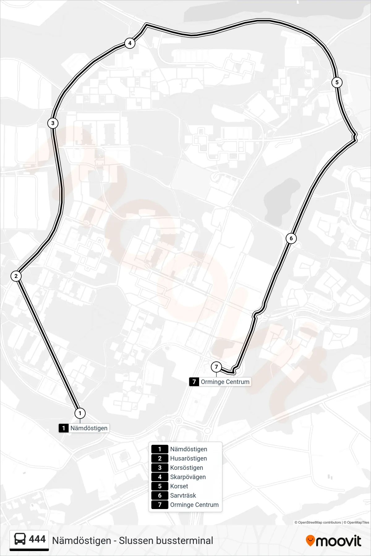 Rutt och hållplatser på karta för linje 444  buss, (Orminge Centrum)
