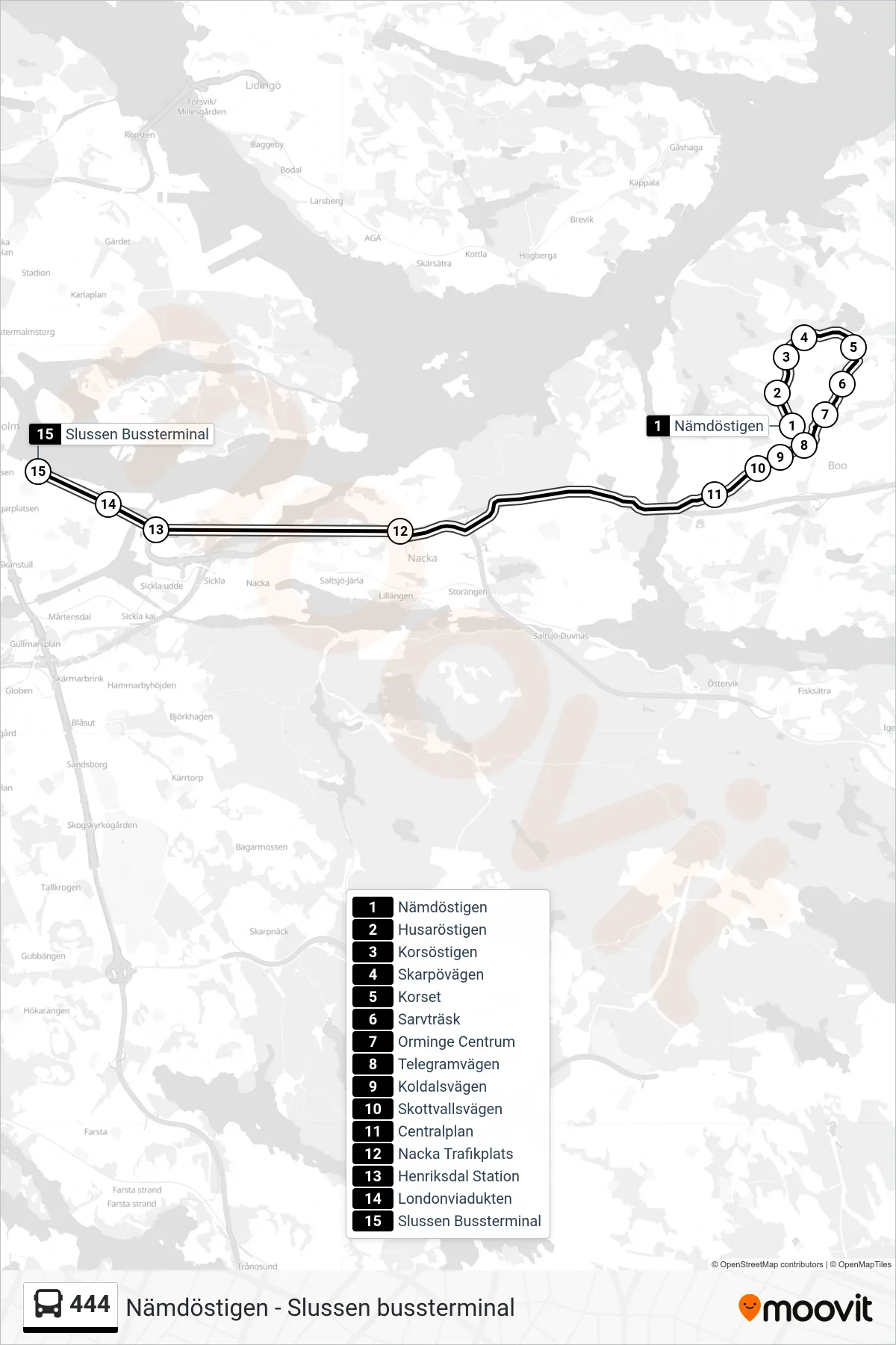 Rutt och hållplatser på karta för linje 444  buss, (Slussen Bussterminal)