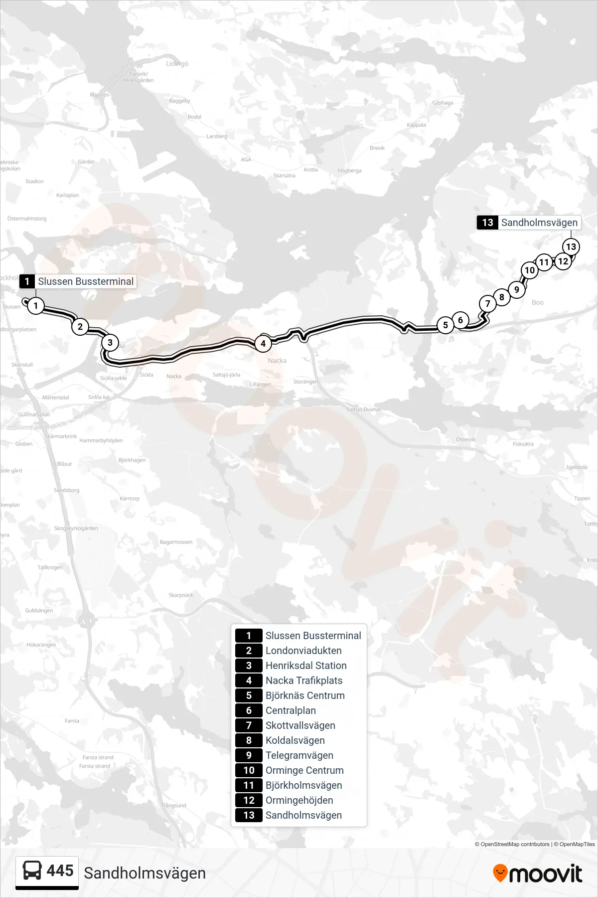 Rutt och hållplatser på karta för linje 445 buss, (Sandholmsvägen)