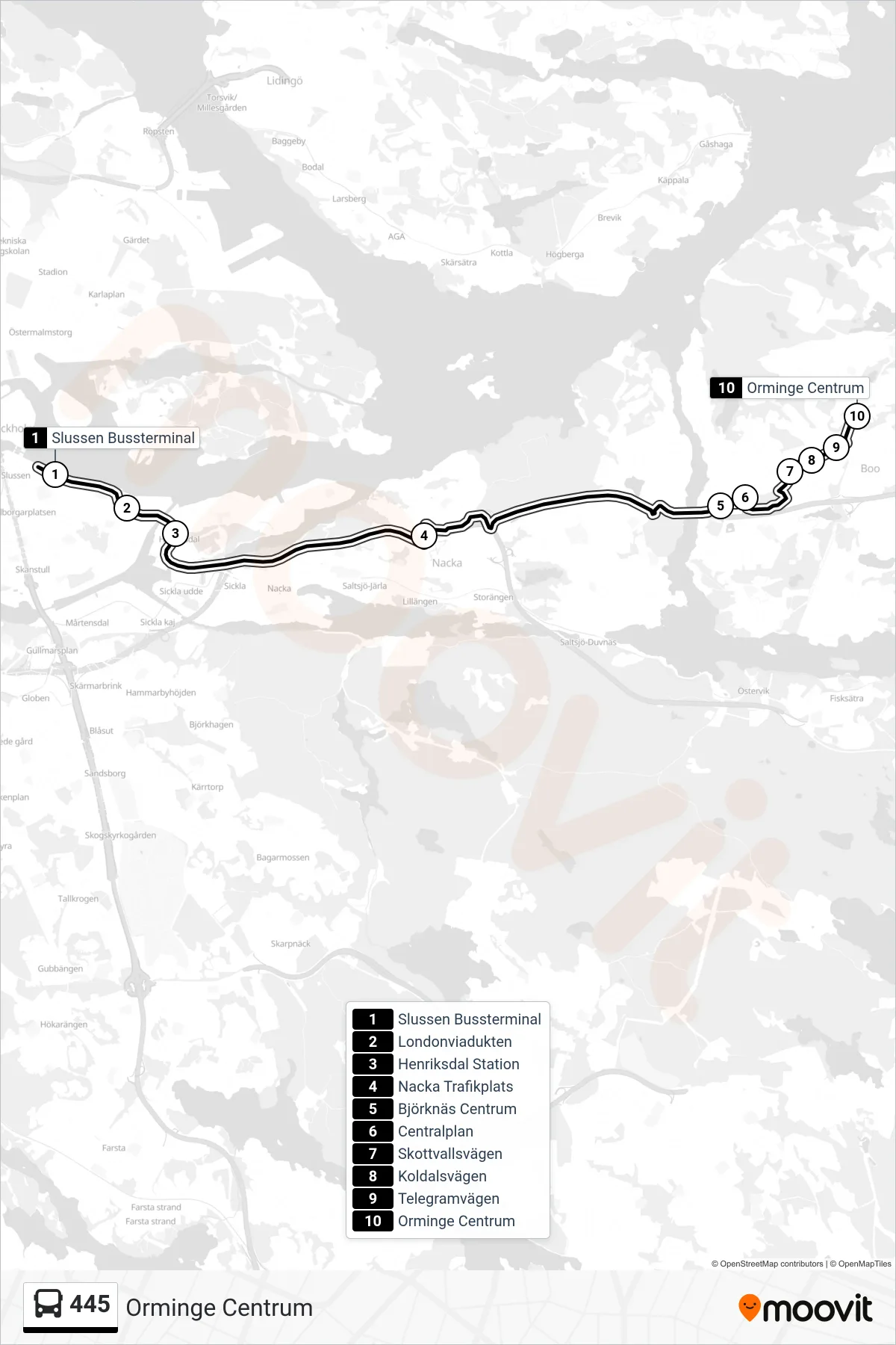 Rutt och hållplatser på karta för linje 445 buss, (Orminge Centrum)