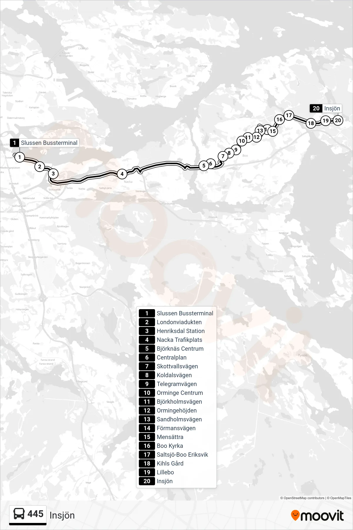 Rutt och hållplatser på karta för linje 445 buss, (Insjön)