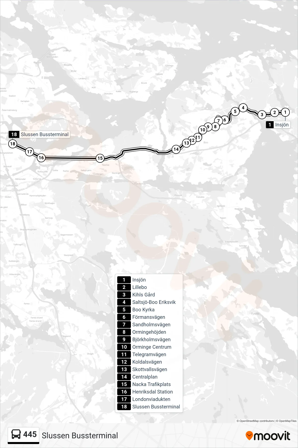 Rutt och hållplatser på karta för linje 445 buss, (Slussen Bussterminal)