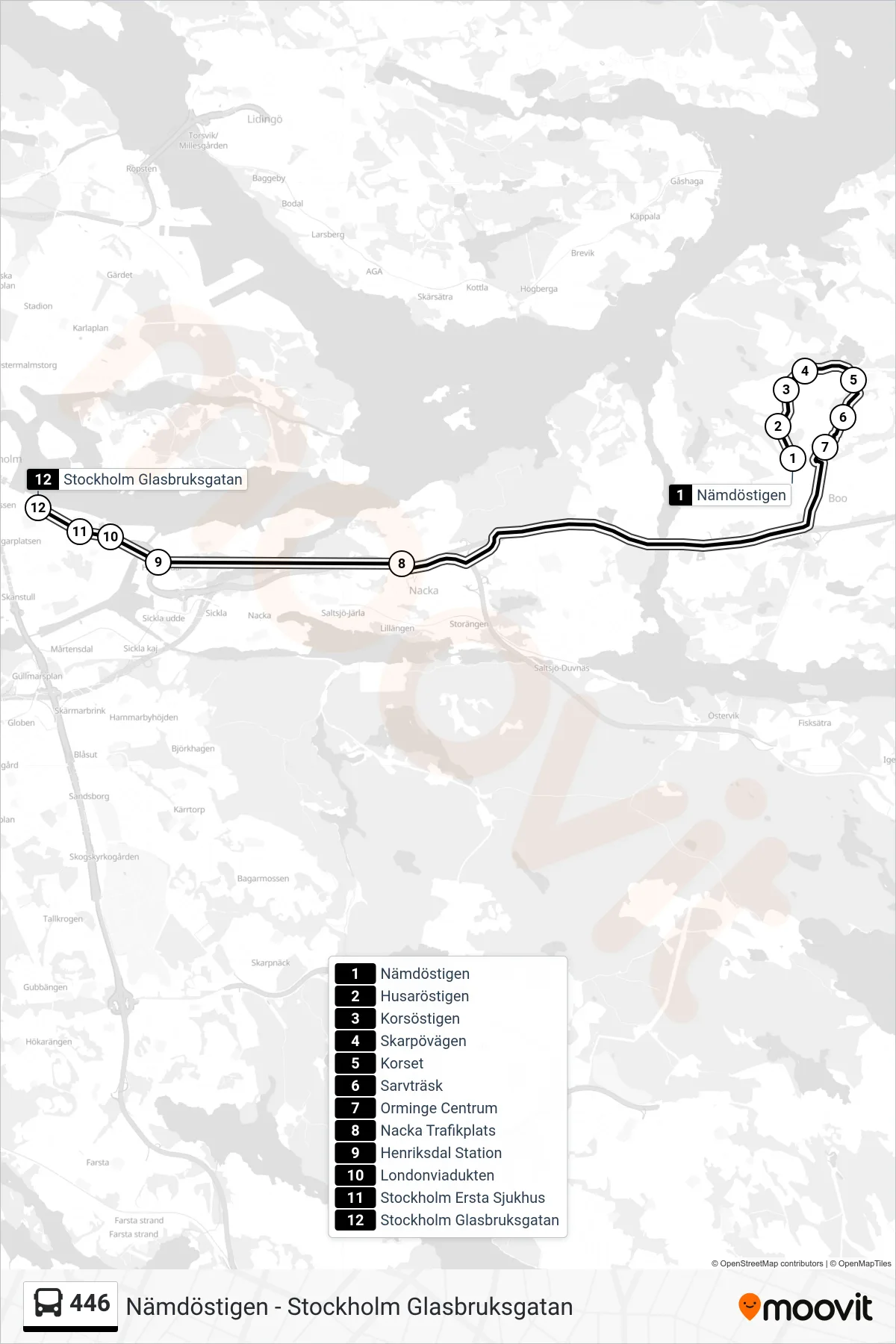 Rutt och hållplatser på karta för linje 446 buss, (Stockholm Glasbruksgatan)